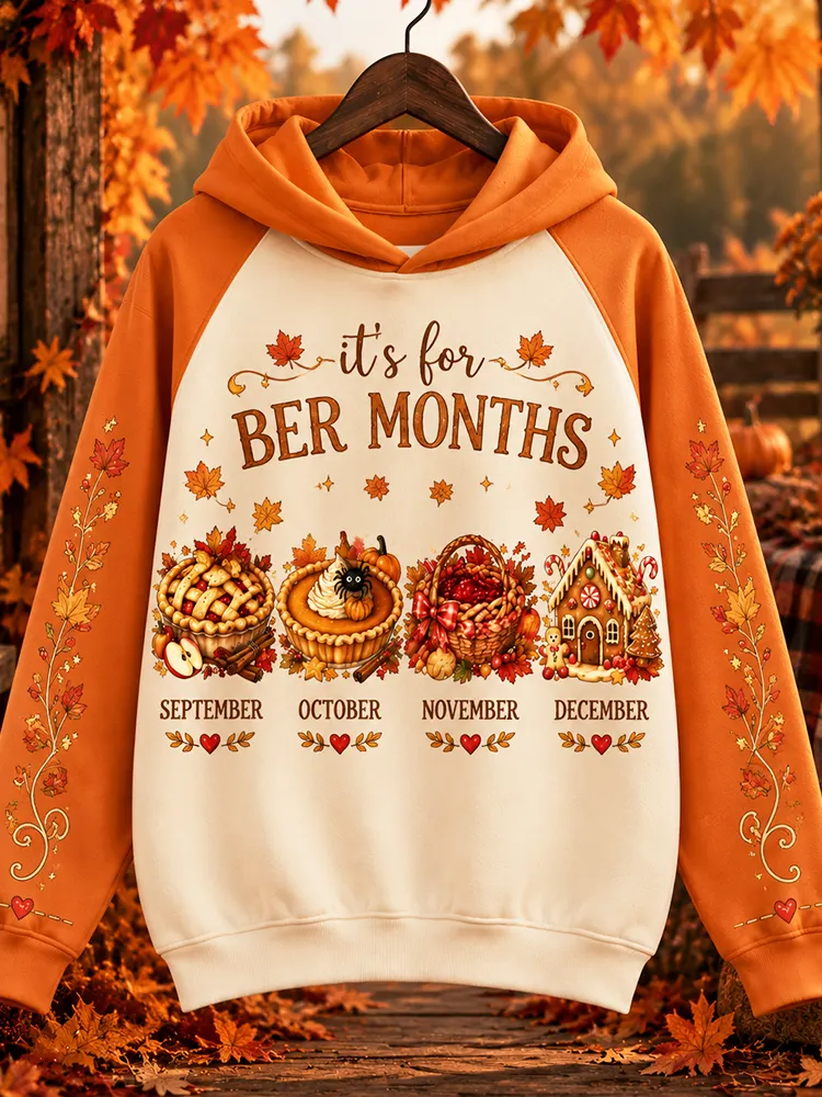Comstylish Women's Autumn "ber Months" Color-block Hoodie With Pie, Pumpkin, Basket & Gingerbread House Pattern