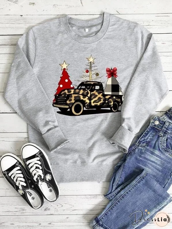 Christmas Tree And Car Print Sweatshirt for Women