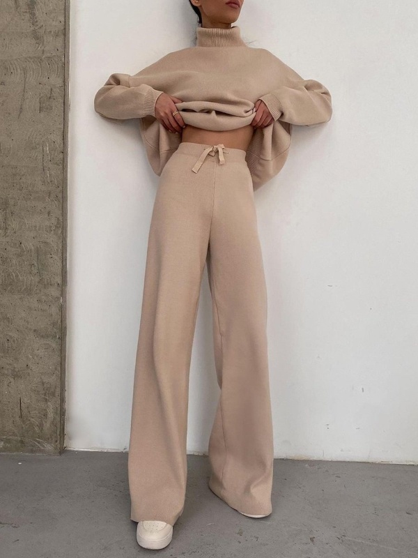Casual Knitted Turtle Neck Top + Lace-up Trousers Two-piece Set 