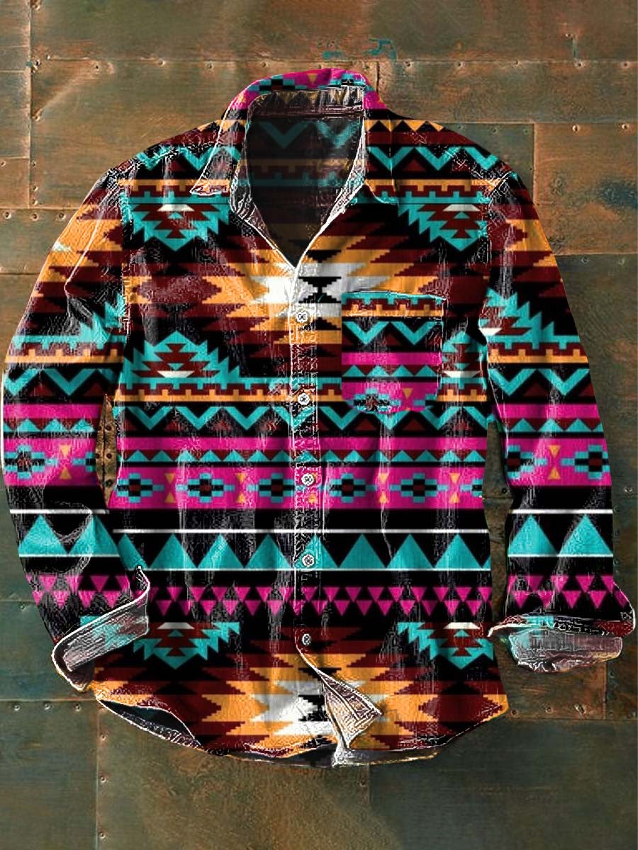 Men's Western Cowboy Pattern Printed Casual Lapel Long Sleeve Shirt