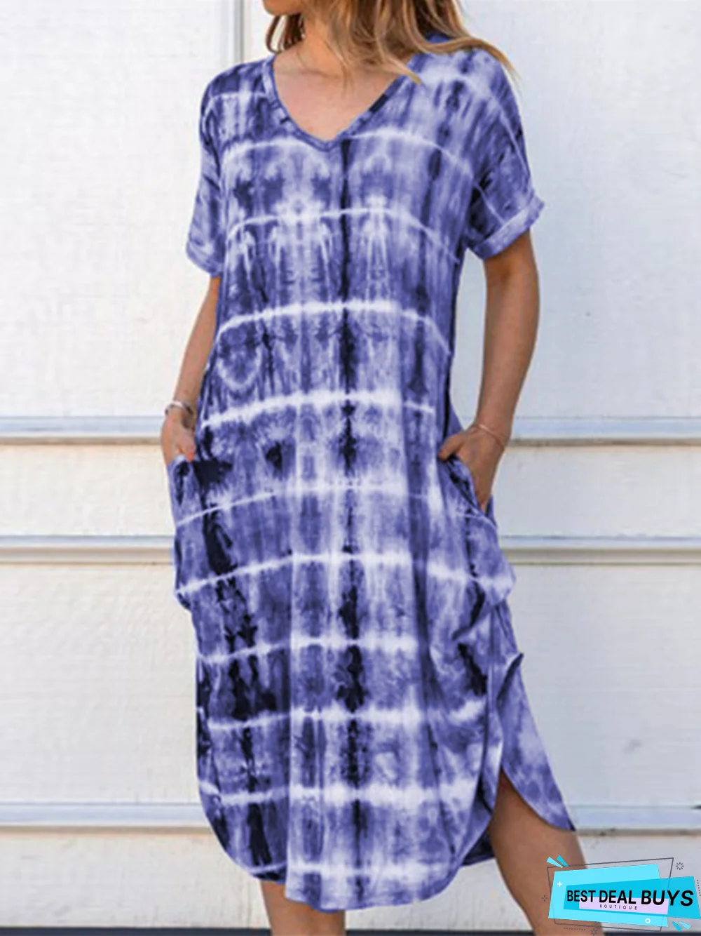 New Women's Short-Sleeved V-Neck Loose-Fitting Fork Print Dress