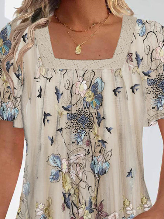 Women Short Sleeve U-neck Floral Printed Graphic Tops