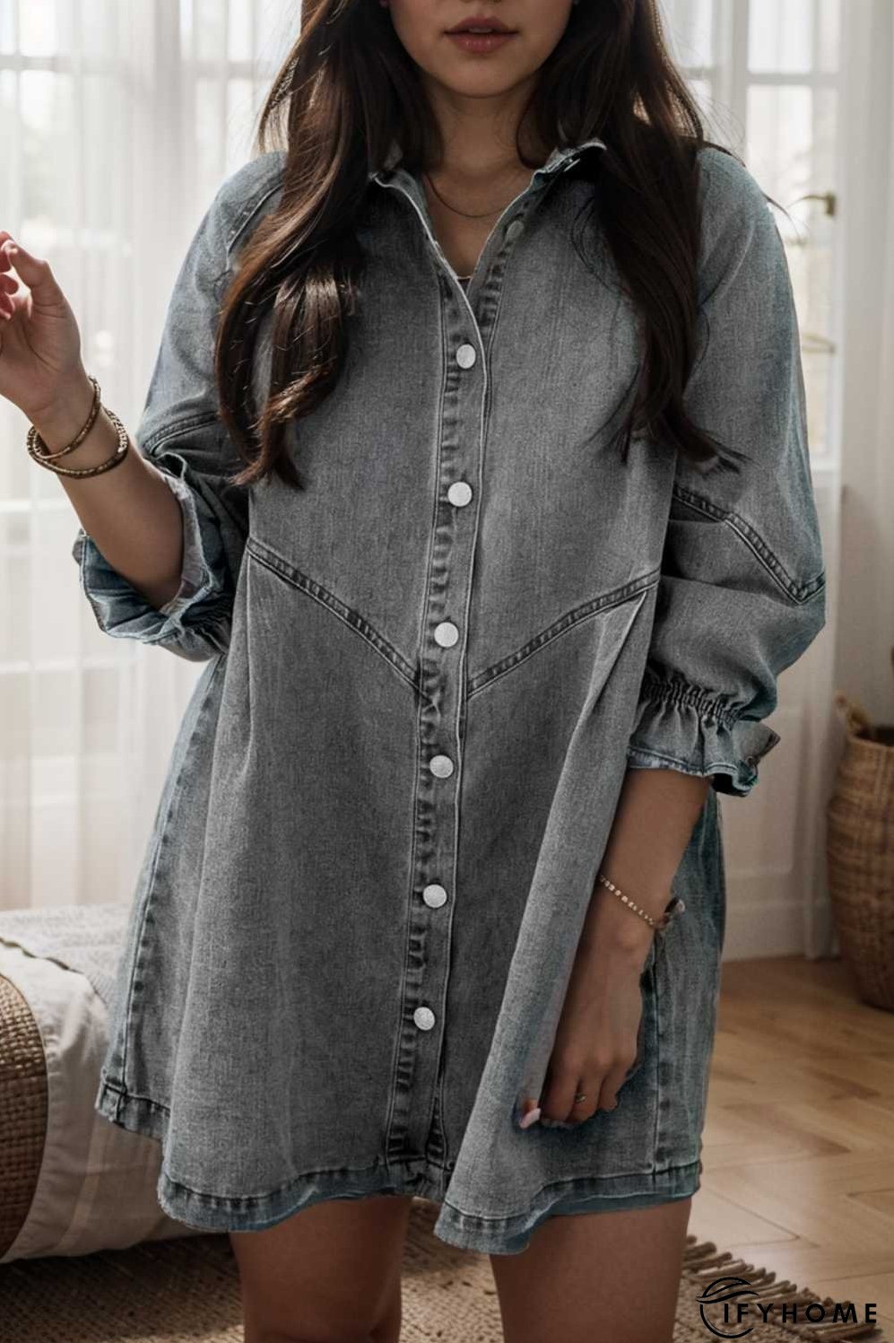 down loose short sleeve denim jean dress drop shoulder a line paneled peasant closed bateau v neck dress | IFYHOME