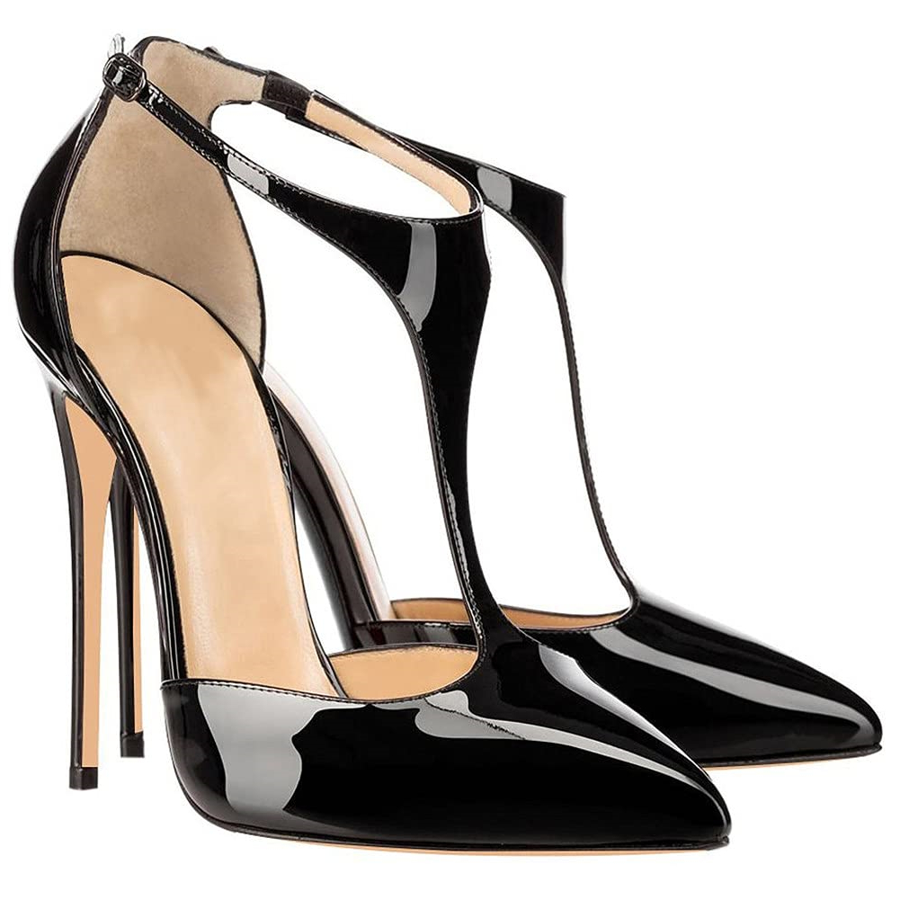 120mm Womens T-Strap Pumps High Heels Black Patent Pumps-vocosishoes