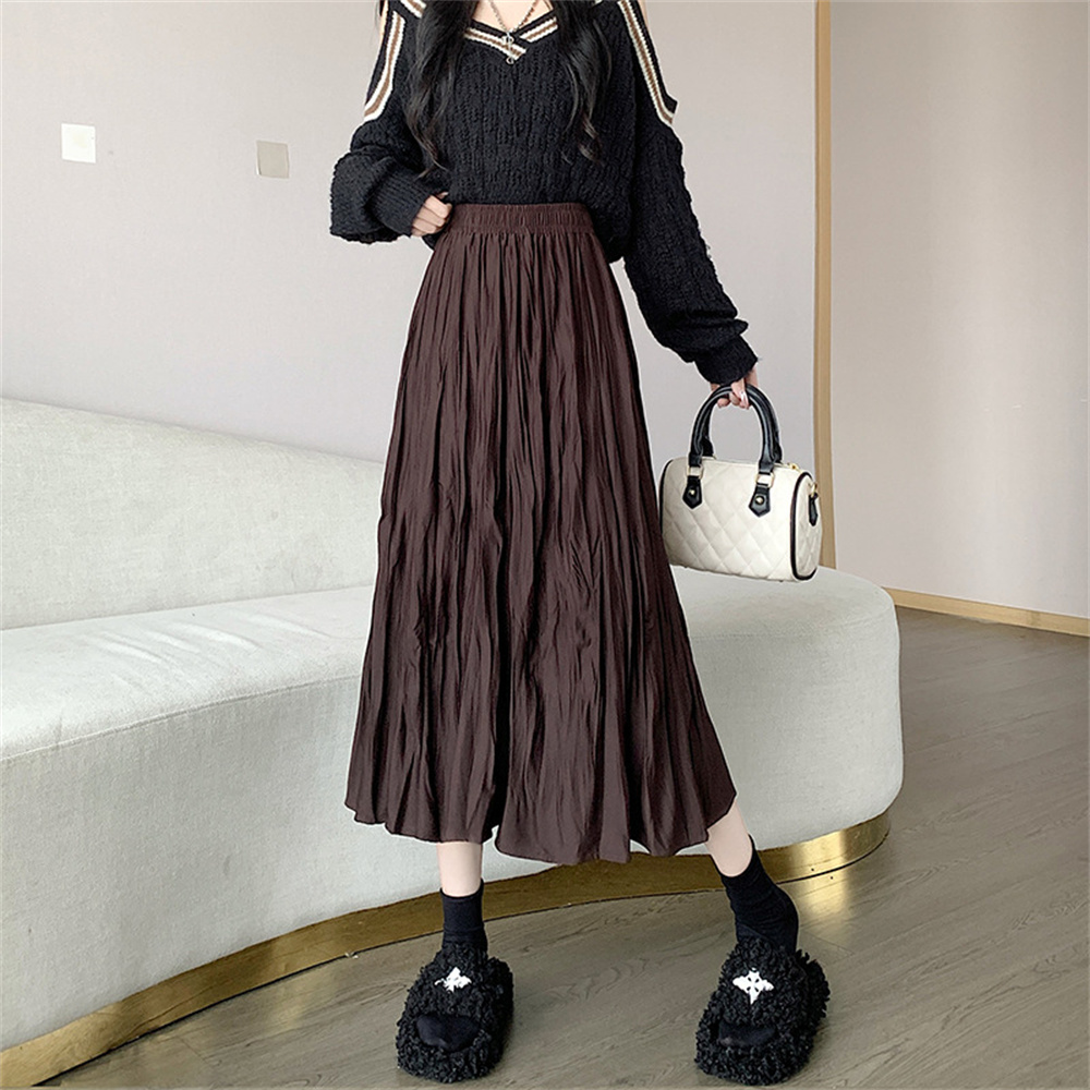 Hoakwheels Vintage Long Skirt Women Autumn Winter Casual A-line Pleated Skirts Female Korean Fashion High Waist Solid Color Maxi Skirts