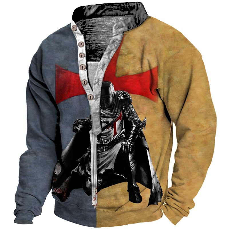 Men‘s Retro knight Print Long Sleeve Henry T-shirt 