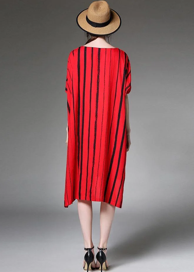 Simple cotton linen clothes For Women Fashion red Striped Print Summer Plus Size Dress