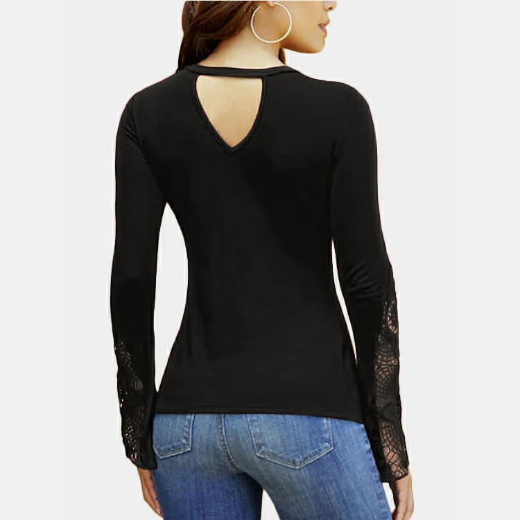 Women's V Neck Long Sleeve Lace Sleeve T-Shirt