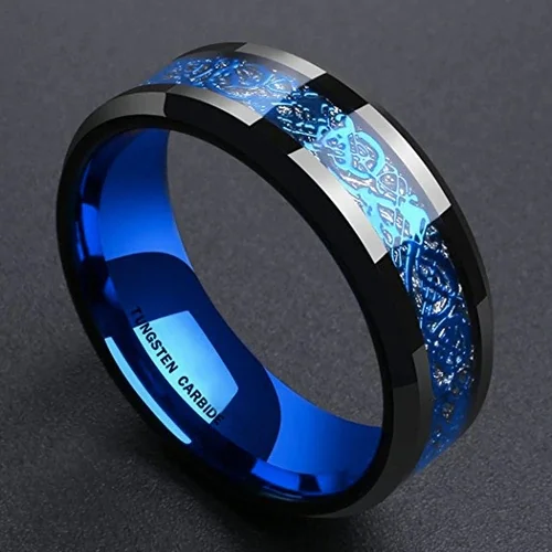6MM 8MM Men's Women Black and Blue Celtic Dragon Knot Tungsten Carbide Wedding Rings Inner and Outer Blue Tone with Resin Inlay Over Meteorite Style Design