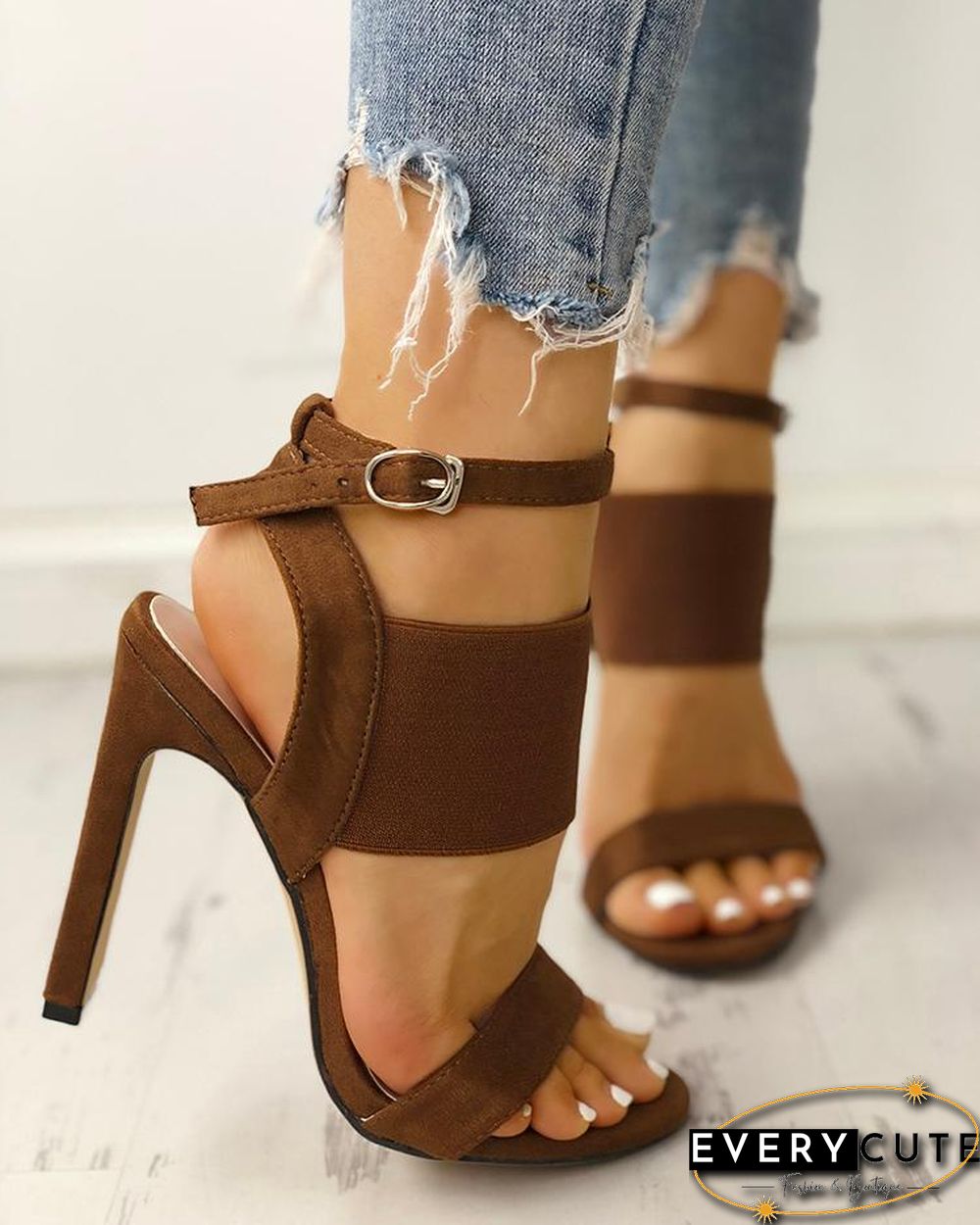 Open Toe Elastic Strap Heeled Sandals
