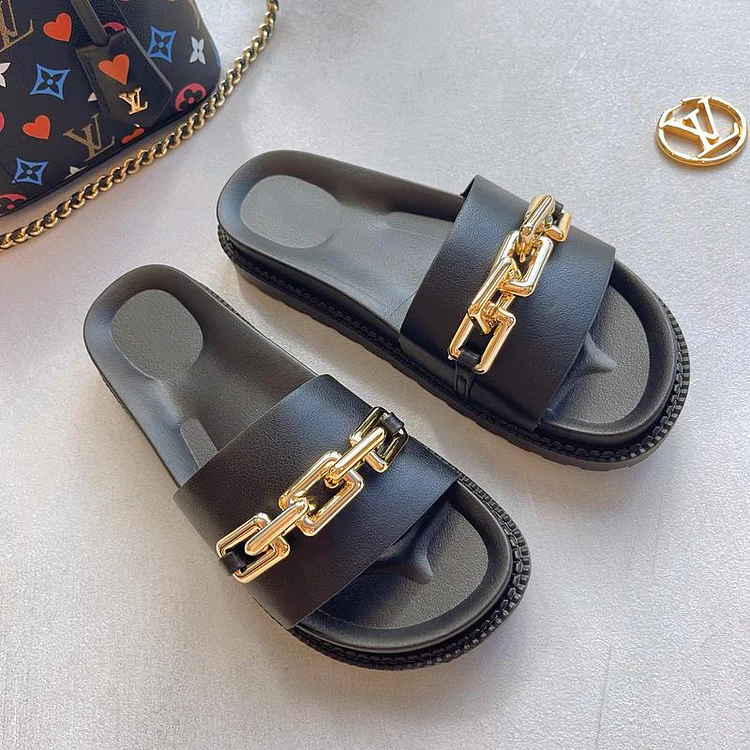NEW Fashion Chain Link Sandals for Women PU Leather Summer Flat Slides Slippers Ladies Slipper Pink Black Women's Sandal Shoes