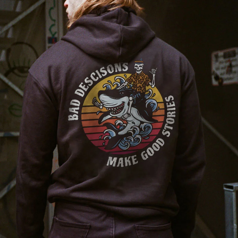 BAD DECISIONS MAKE GOOD STORIES Riding The Shark's Skull Graphic Black Print Hoodie