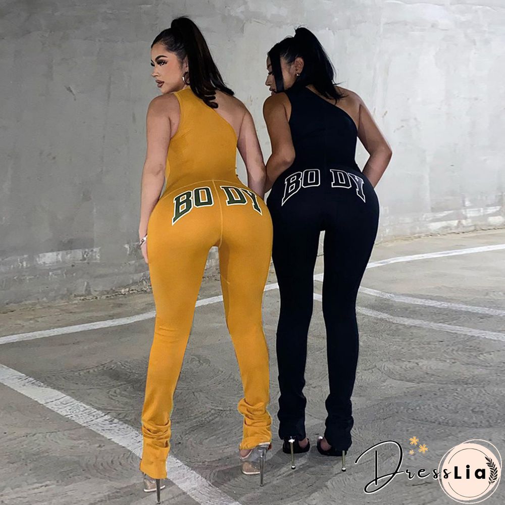 Wild Fashion Jumpsuit Women Letter Print One Shoulder Sleeveless Long Rompers Summer Skinny Party Clothes Clubwear