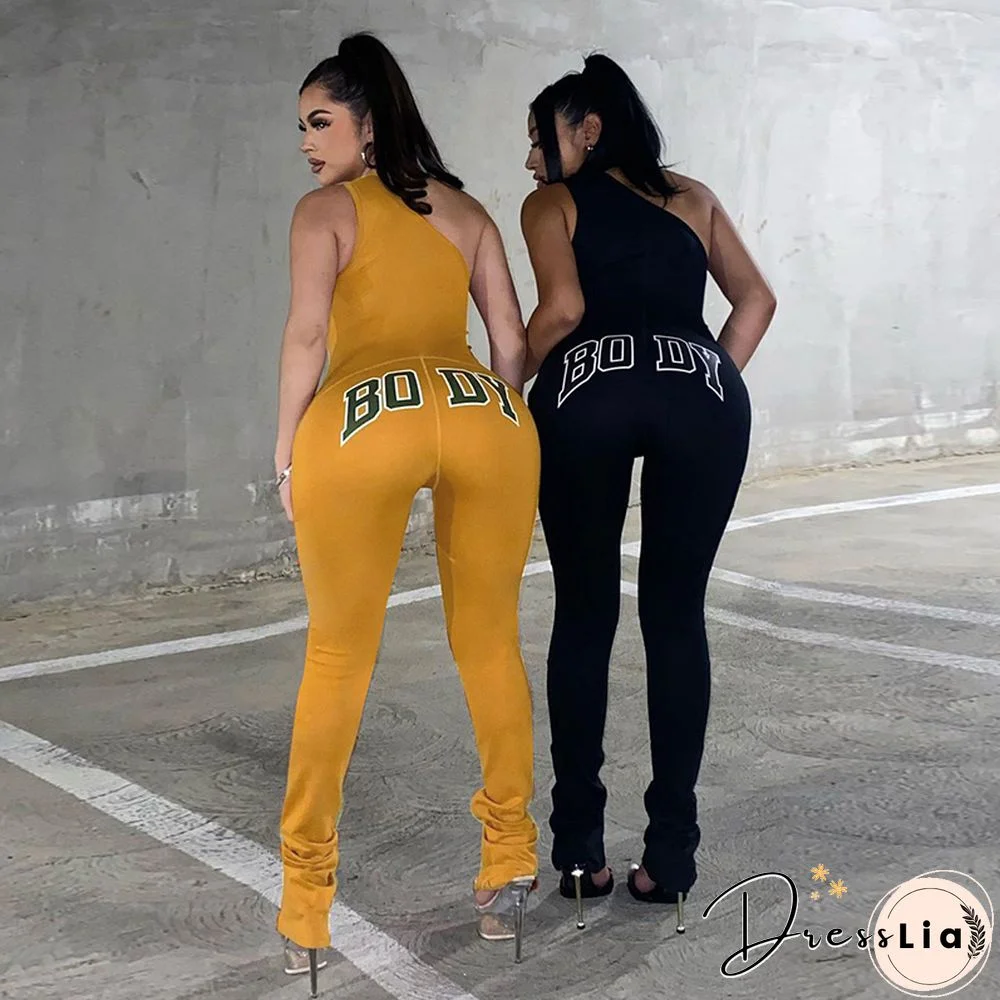 Wild Fashion Jumpsuit Women Letter Print One Shoulder Sleeveless Long Rompers Summer Skinny Party Clothes Clubwear