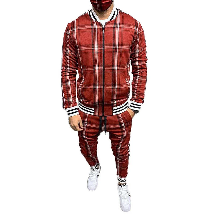 Men's Plaid Cardigan Jacket Trousers Sports Suit