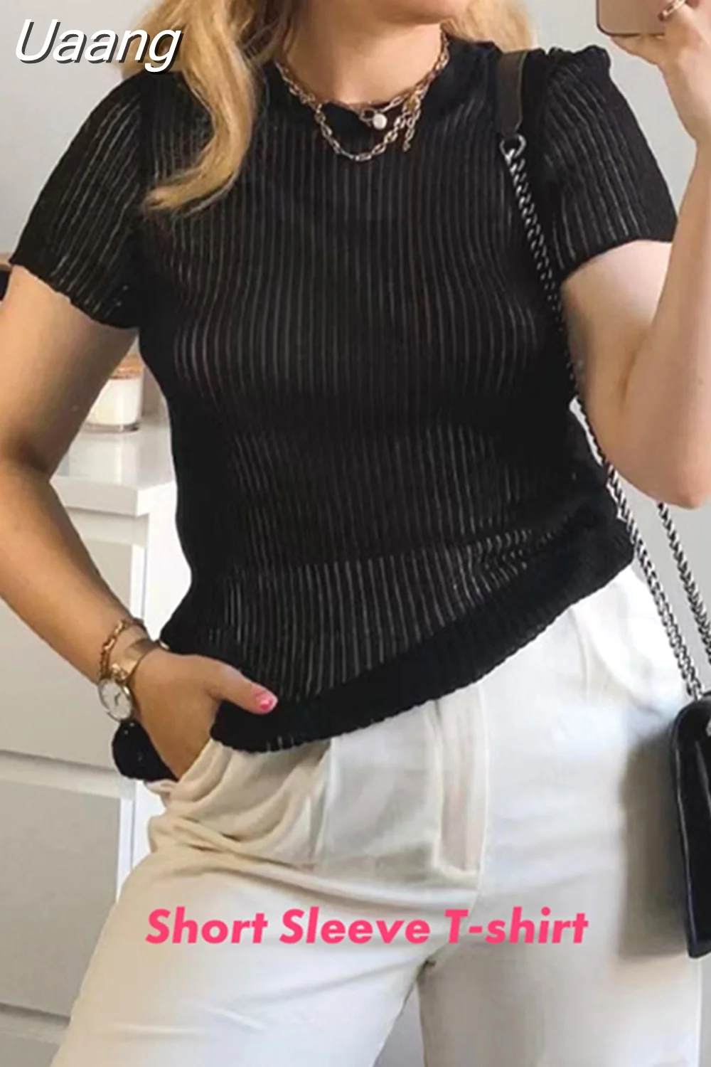 Uaang Sexy Thin Knit Sweater Women Solid Color Basic Pullover Top Casual Cozy Long Sleeve T-shirts 2023 Spring Summer New