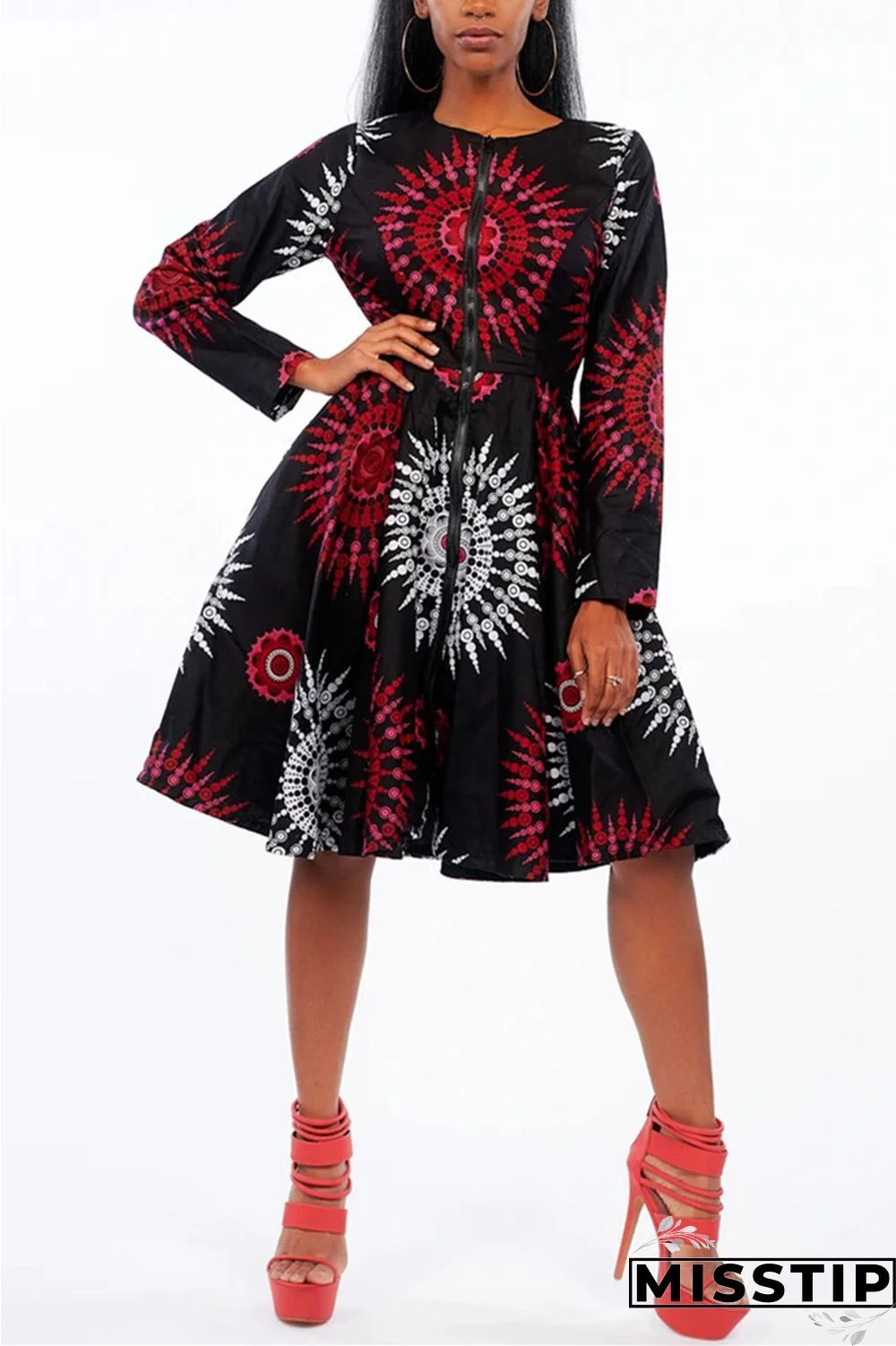 Black Fashion Casual Regular Sleeve Long Sleeve O Neck A Line Knee Length Print Dresses