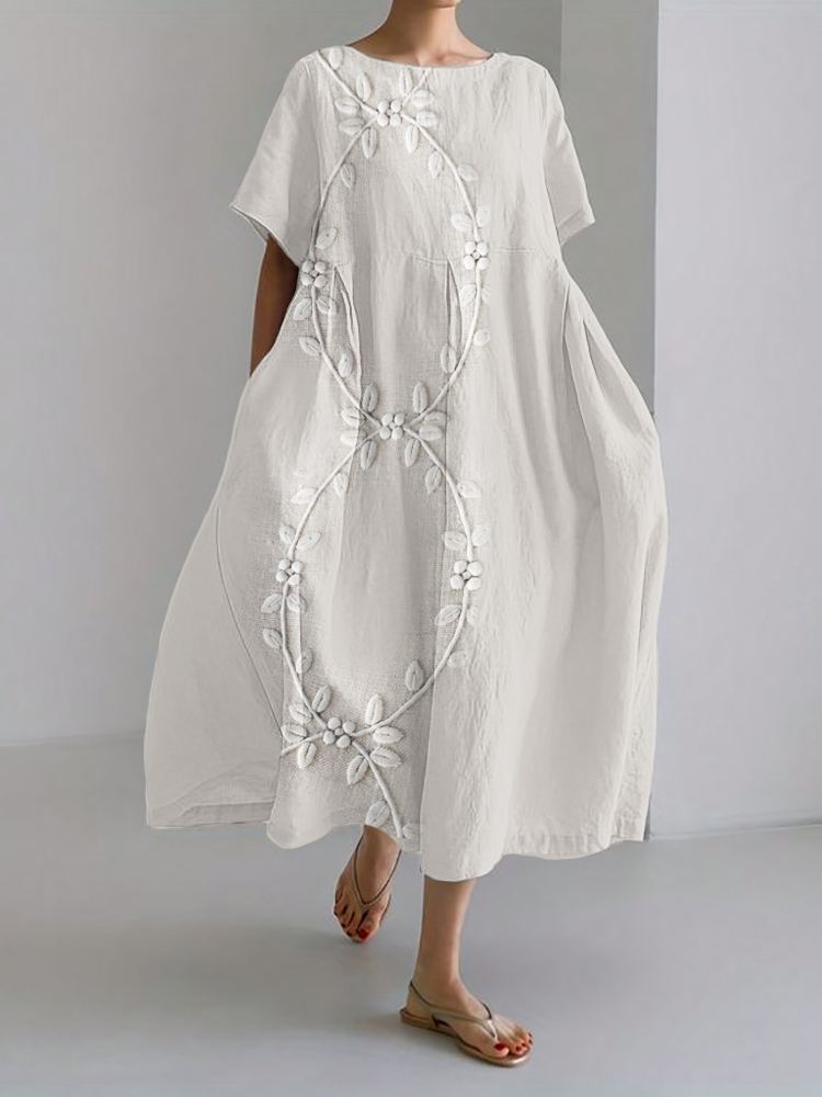 Classy Floral Vines Embroidered Linen Blend Maxi Dress artswardrobe