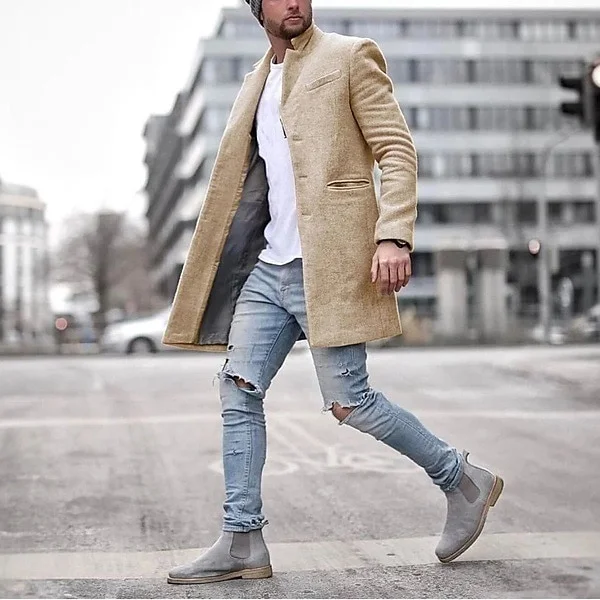 Rogoman Men's Single-breasted Solid Color Wool Coat