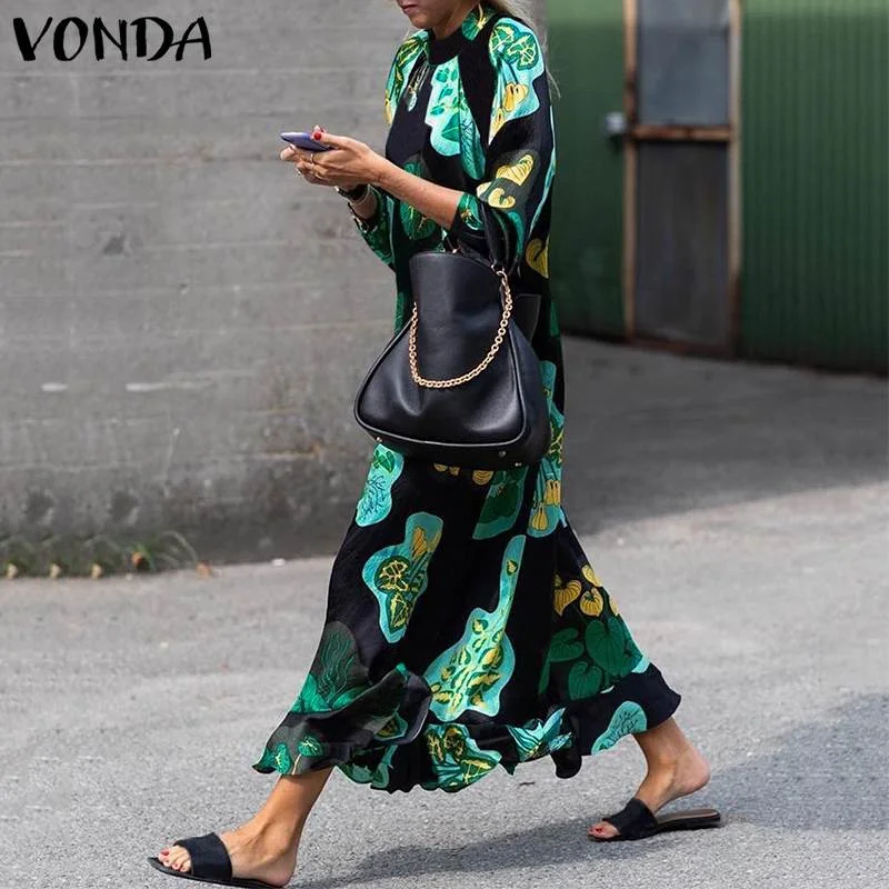 2022 VONDA Summer Dress Women Long Maxi Dress Vintage Floral Printed Long Sleeve Loose Beach Sundress  Casual Vestidos