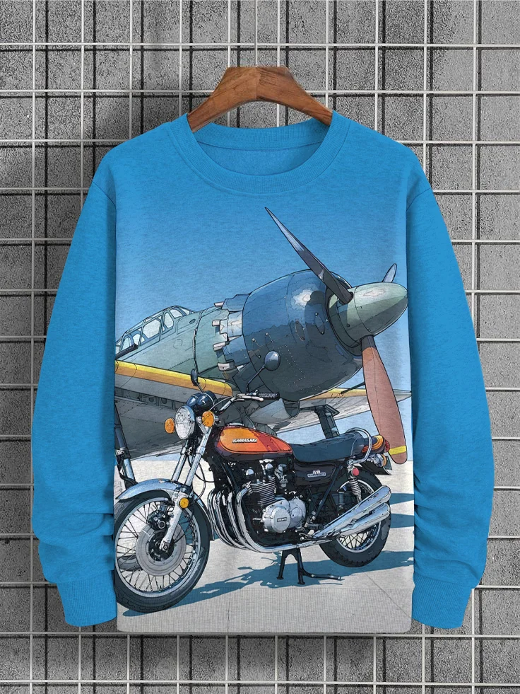 Men's Vintage Plane and Motorcycle Art Print Casual Sweatshirt