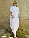 White Loose High-neck Asymmetric Long Dress