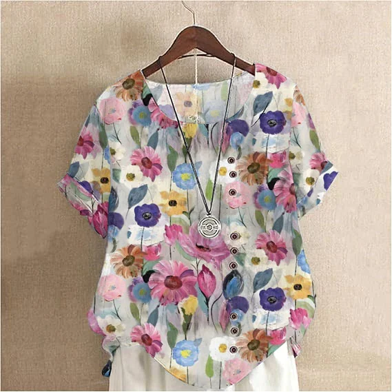 Women'S Elegant Oil Painting Floral PatternCotton And Linen Short Sleeve Top