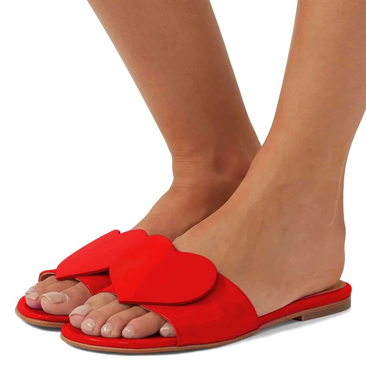 Red Patent Leather Heart Women's Slide Sandals |FSJ Shoes