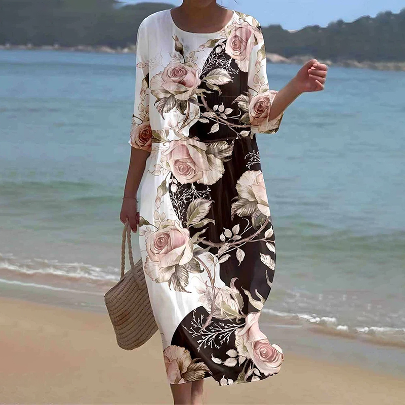 Women's Elegant Floral Art Linen Blend Loose Linen Dress wearshes