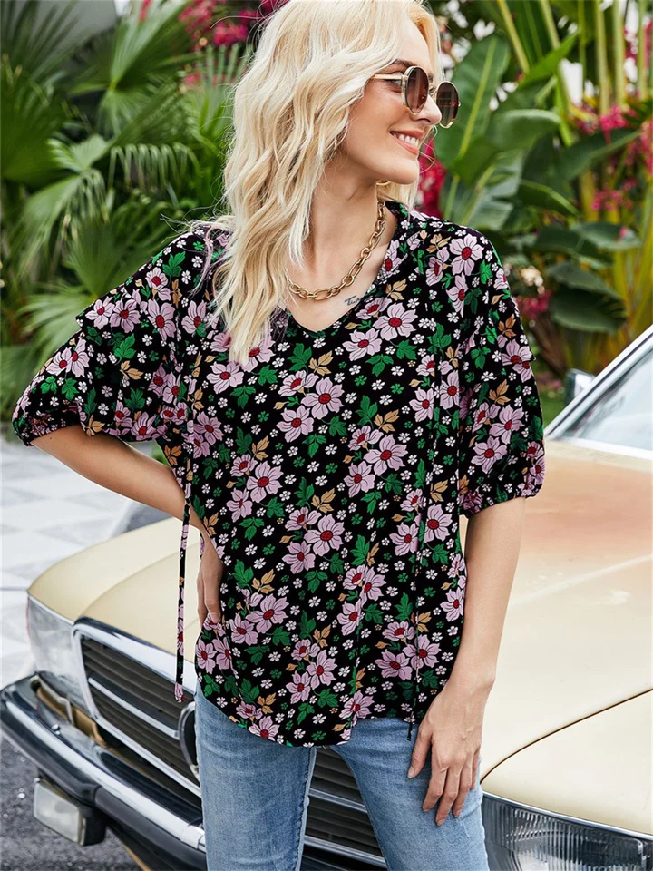 Autumn New V-neck Pullover Tops Casual Tops Backless Human Cotton Women's Five-point Sleeve Printed Women's T-shirt