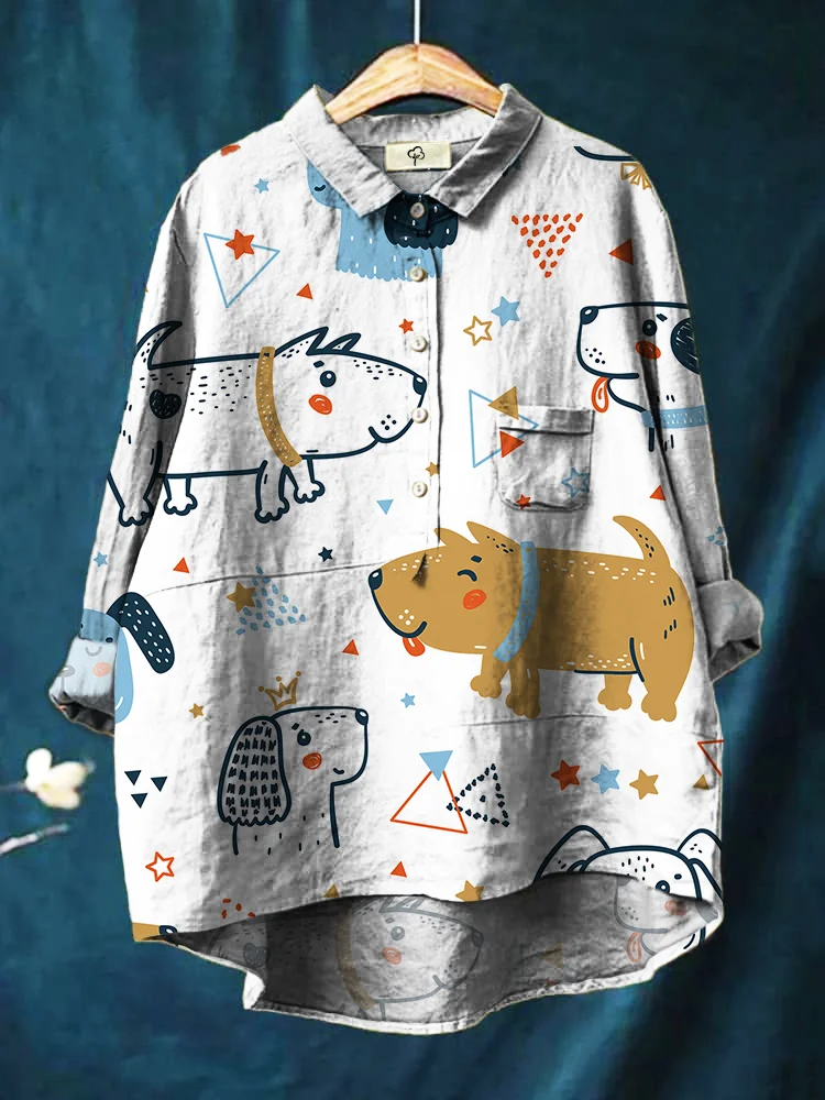 Cartoon Cute Lines Puppy Sun Rainbow Print Cotton And Linen Shirt