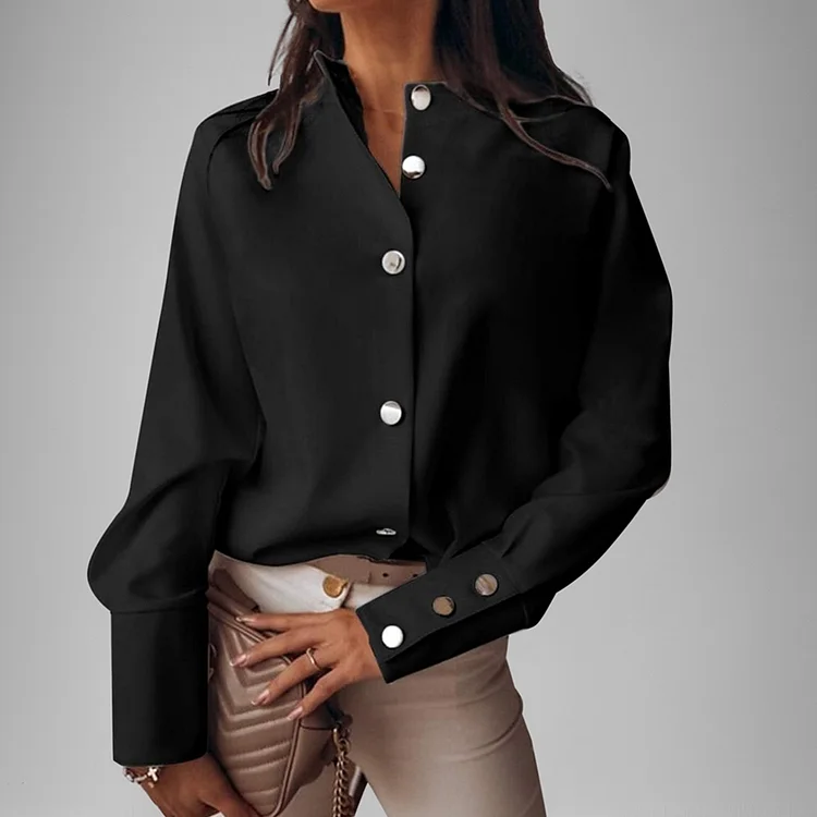 Elegant Stand Collar Button Up Long Sleeve Blouse