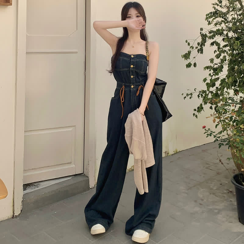 Pure Color Knit Cardigan Off The Shoulder Lace Up Denim Overalls