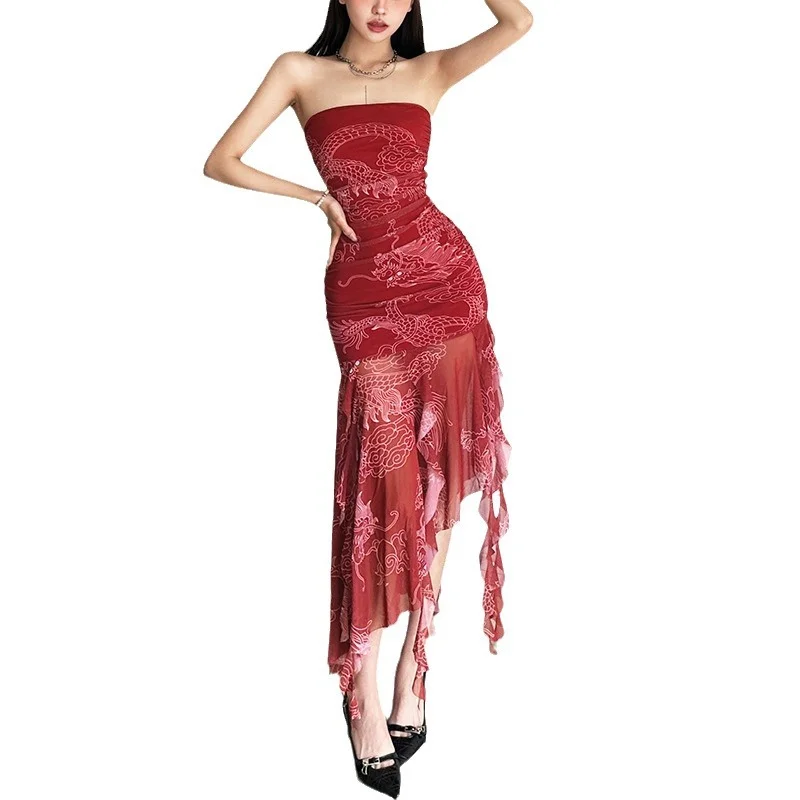 Uveng Spring 2024 New Women's Clothing New Chinese Irregular Slings Open Year-War Robe Dress