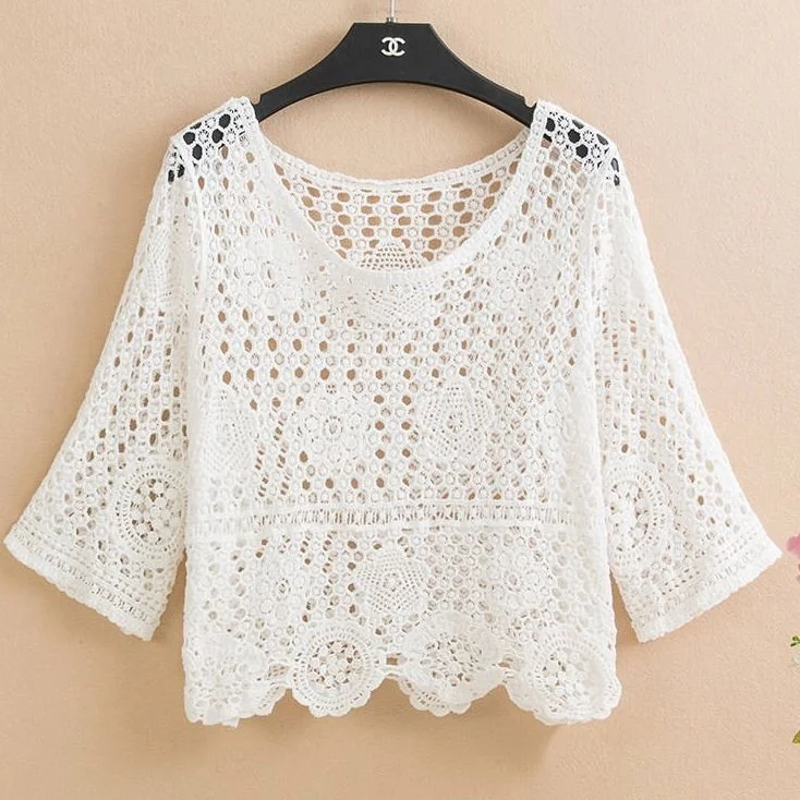 Pullover summer short hedging knitted hollow flower small outer super fairy all-match lace top