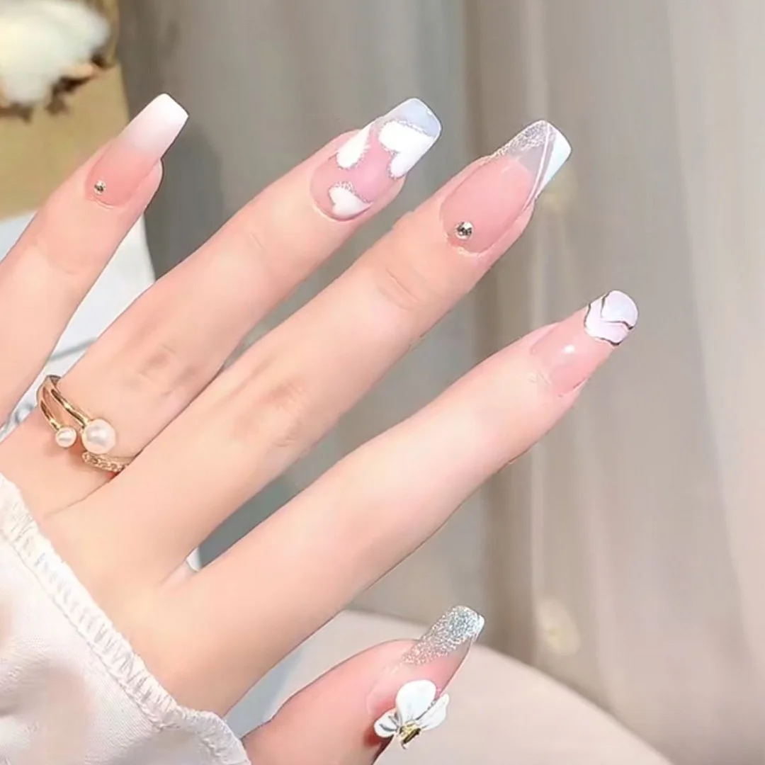 24Pcs Long Ballerina False Nail Love Pattern French Coffin Fake Nails Full Cover Wearable DIY Manicure Tools Press On Nails 1029-Nail Inspo