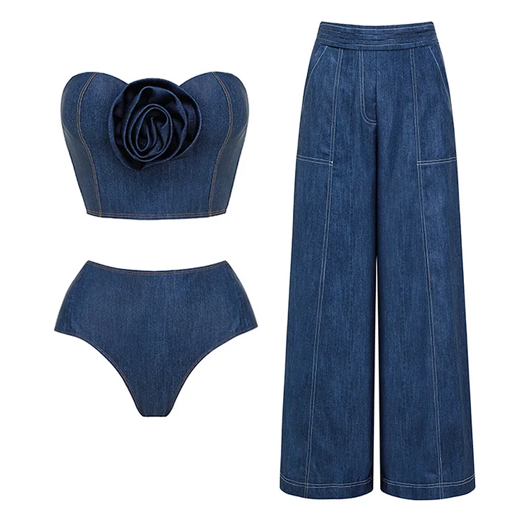 Sling 3D Flower Blue Underwired Bikini Swimsuit and Skirt Flaxmaker