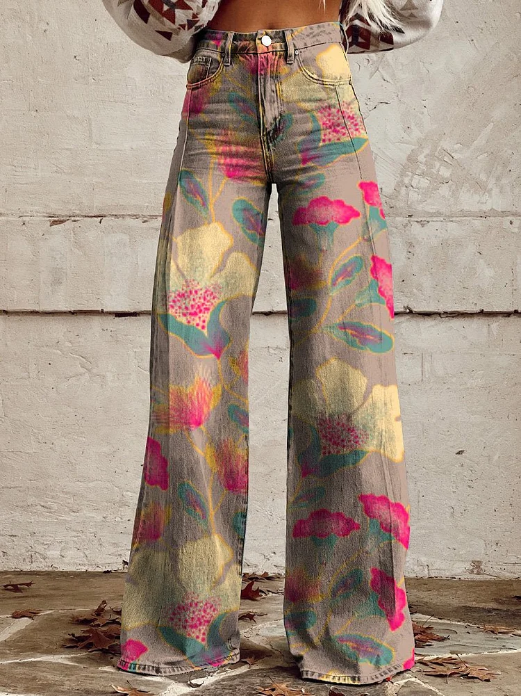 Gold Outline Floral Pattern Women's Printed Casual Wide Leg Pants