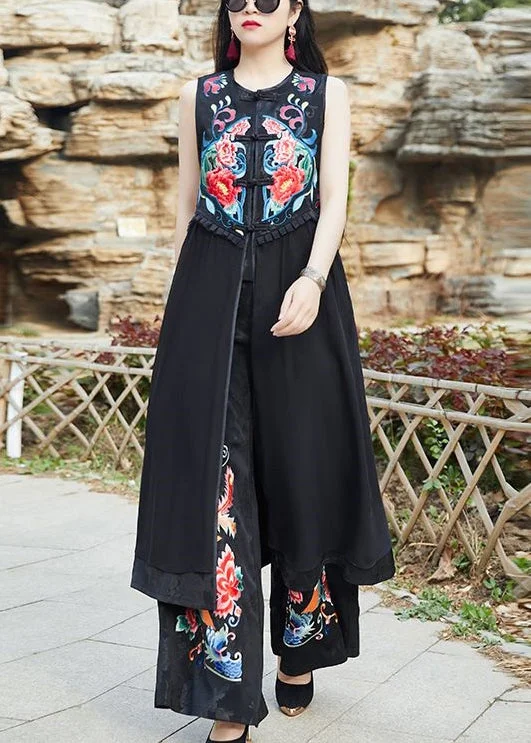 Women Black Embroideried Chinese Button Patchwork Silk Long Waistcoat Sleeveless
