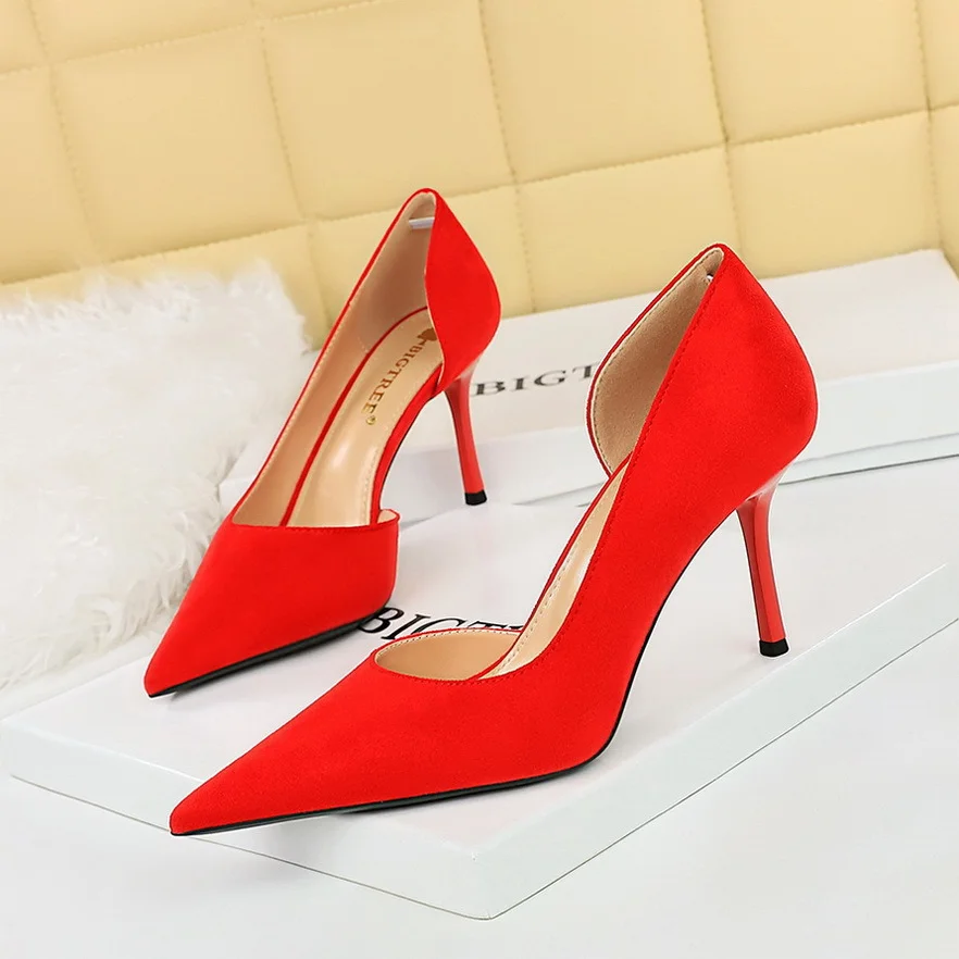 Colourp Colourp Korean Version Of Fashion Simple Heel High-Heeled Shoes Show Thin Suede Shallow Tip Side Hollow Single Shoe High Heel