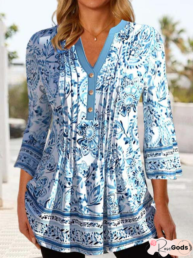 Casual Light Blue Split Neck Paisley Print Blouse