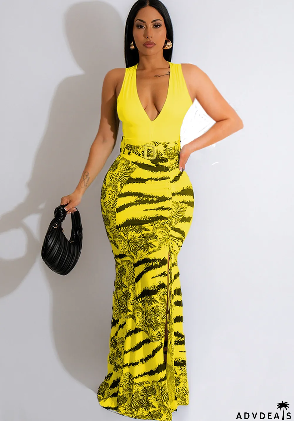 Women Summer Sleeveless V-Neck Print Pleated Dress