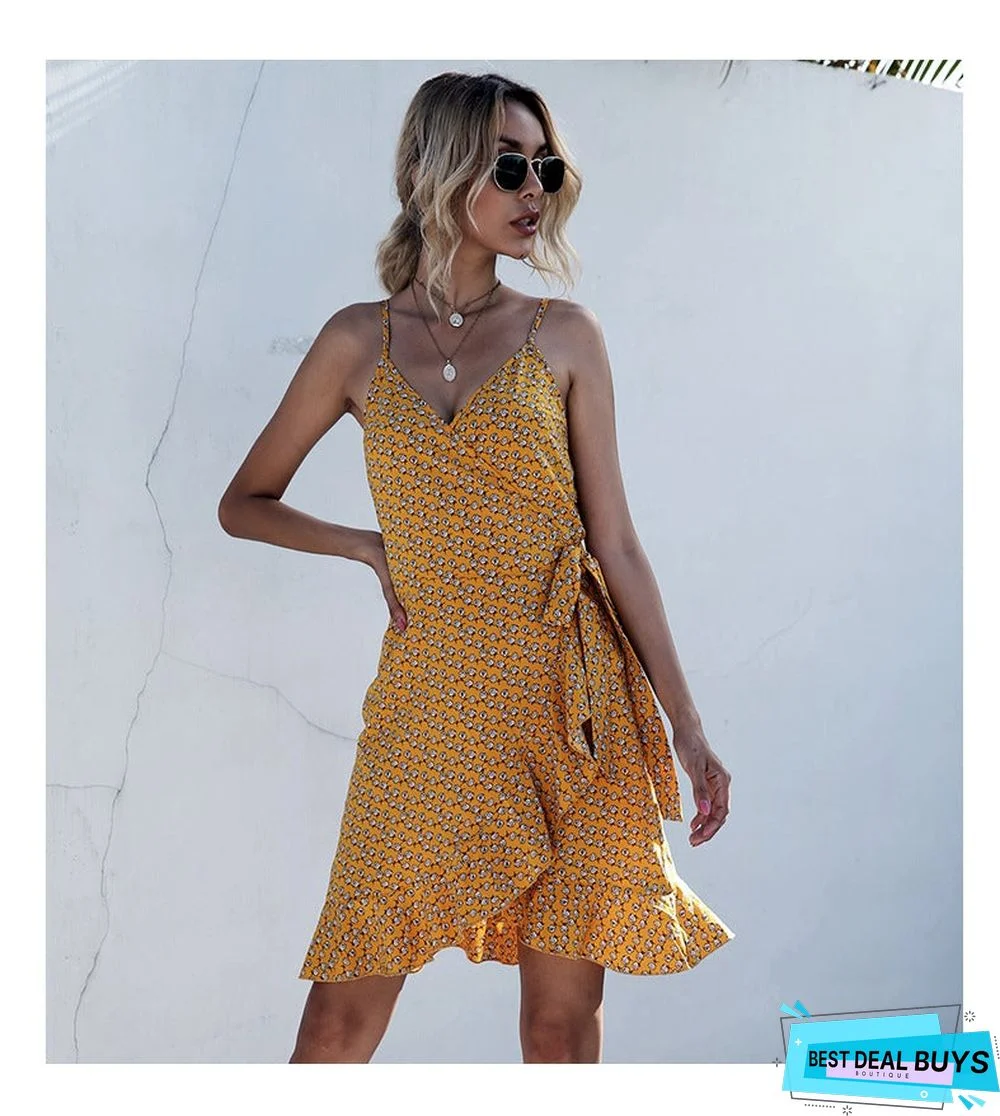 Summer Printing Irregular Ruffled Suspenders Dress Women