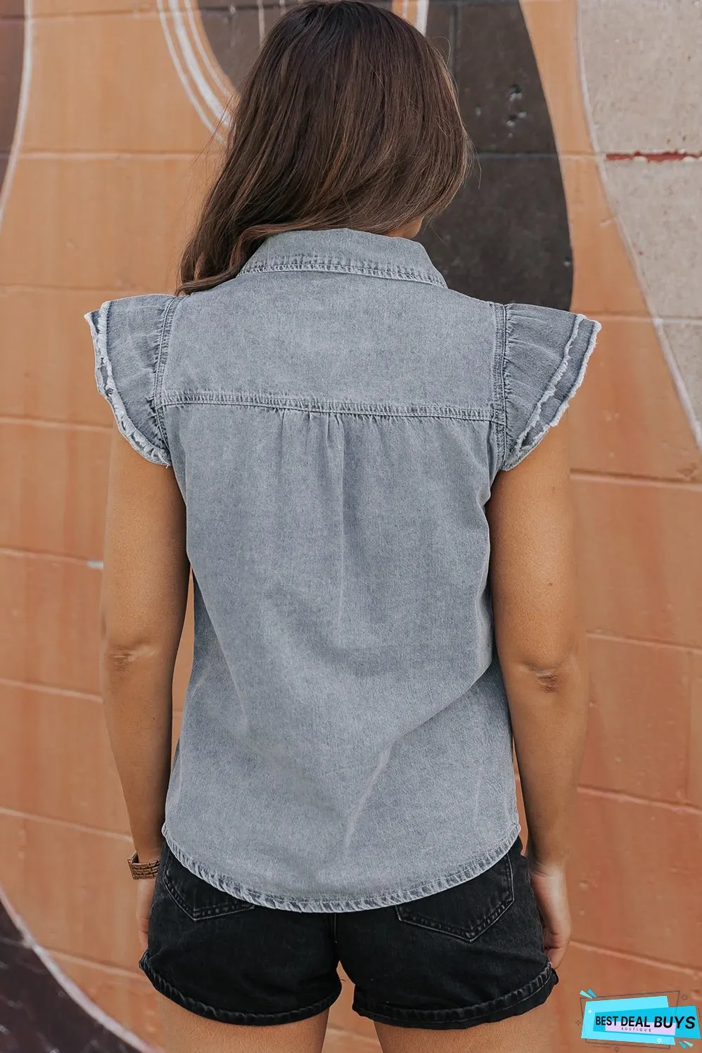 Frayed Ruffle Sleeve Denim Shirt