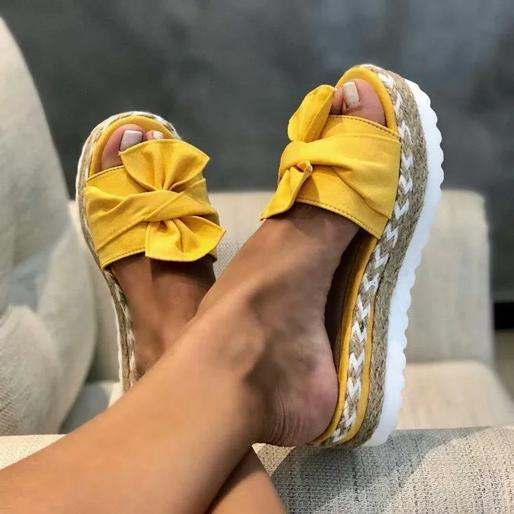 Breakj Breakj New Bow One Word Thick Bottom Slope And Hemp Rope Large Size Women Sandals Quality Assurance