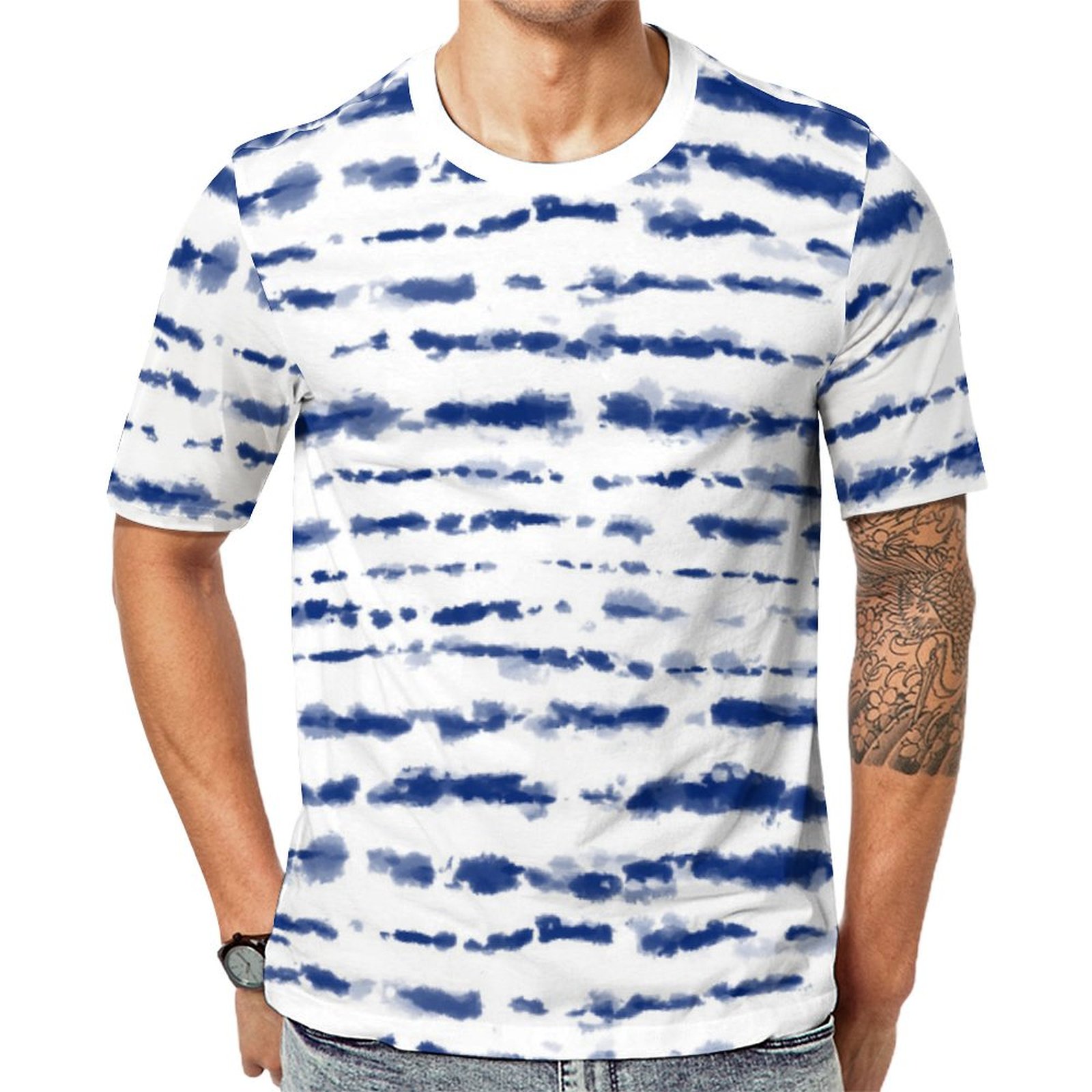 Indigo Batik Japanese Shibori Stripes Print Short Sleeve Print Unisex Tshirt Summer Casual Tees for Men and Women Coolcoshirts