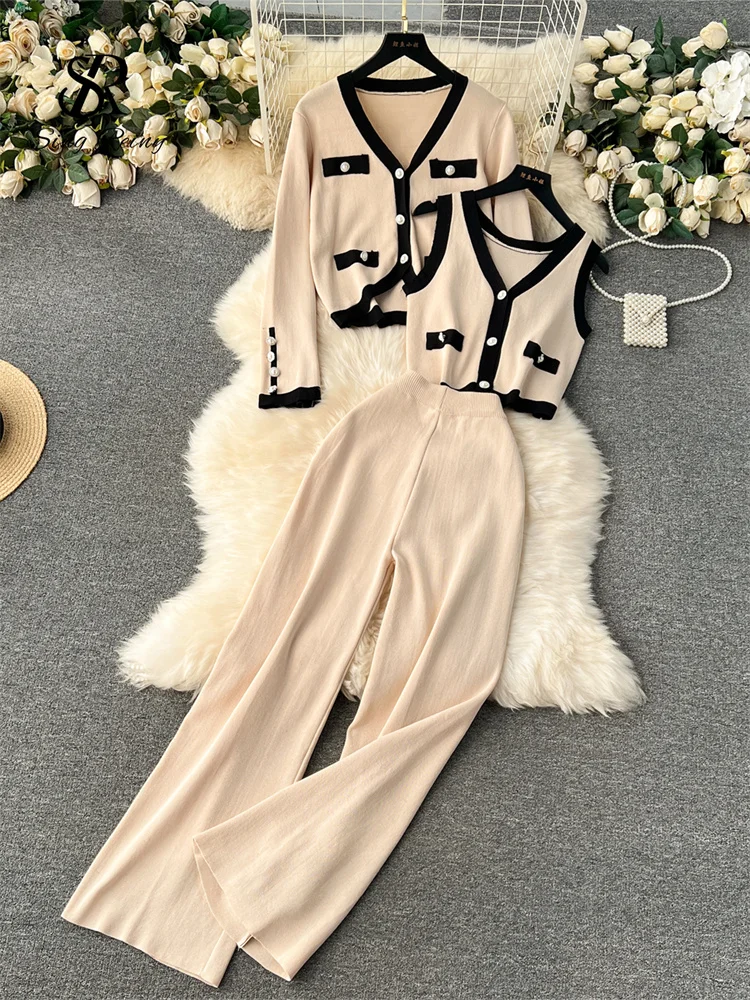 Huibahe Autumn Thick Knitted Three Pieces Sets Ladies Design Loose Cardiagsn+Knit Vest+Elastic Long Pants OL Sweater Suits