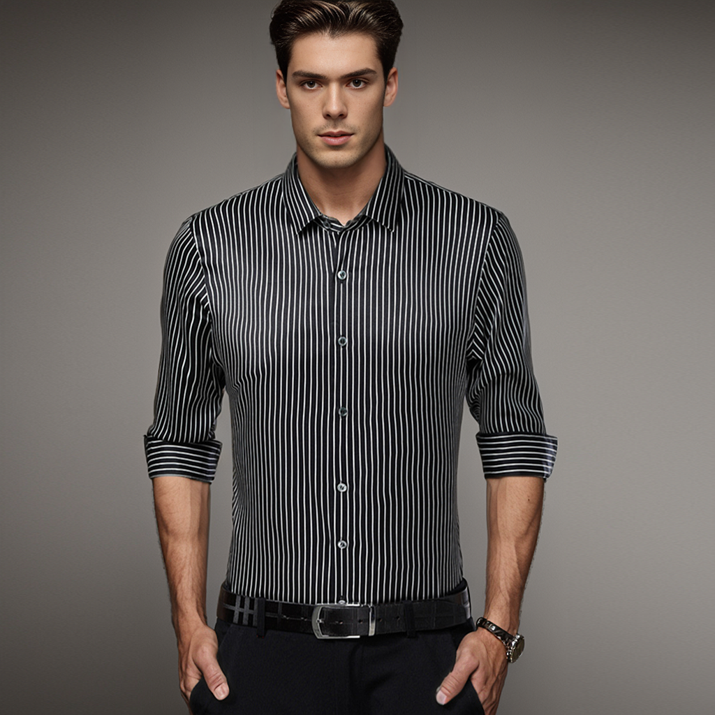 No-Iron Wrinkle-Free White Men's Silk Shirt Strips Pattern Style Long Sleeves REAL SILK LIFE