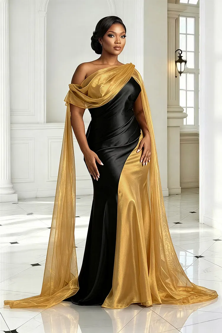 Xpluswear Design Plus Size Formal Organza Gold Oblique Collar Draped Contrast Satin Maxi Dresses [Pre-Order] 2024 - Xpluswear
