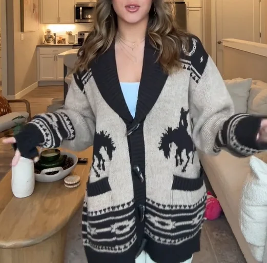Western Print Open Weave Button Cardigan Sweater